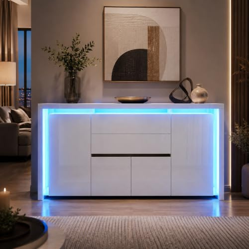 HOOGDLJ Sideboard Weiss,Sideboard Hochglanz mit 4 Türen 2 Schubladen & Led Beleuchtung, Tv Schrank küchenschrank Kommodenschrank TV Lowboard Für Esszimmer,Wohnzimmer (Weiß)