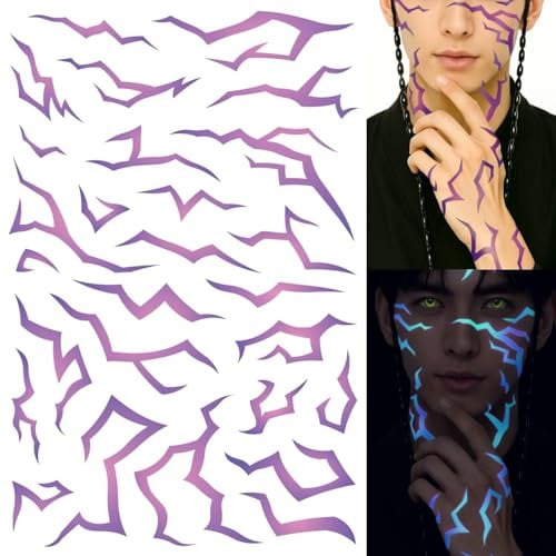 3 Blatt UV KPOP Glow Temporäre demon kostüm Tattoos,Lila Dämonenenergie-Muster, Schwarzlicht-aktiviert Neonblau, Fake Tattoo Sticker für Cosplay, Festivals, Rave & Halloween geburtstags deko