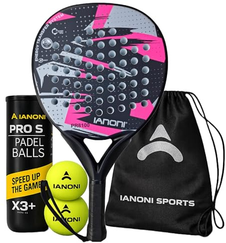ianoni PR8100 Juego de iniciación de pala de pádel - Incluye bolsa de transporte y 3 pelotas de pádel Pro S - Pala ligera de control y potencia para jugadores principiantes e intermedios-8100 rosa