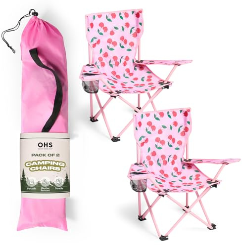 OHS Cherry Camping Chairs Set of 2, High Back Kids Camping Chair with Drinks Cup Holder Lightweight Compact Foldable Chair Picnic Festival Garden Outdoor Girls Kids Chairs, Hot Pink