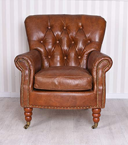 PALAZZO INT Englischer Chesterfield Clubsessel aus dickem italienischem Echtleder (handgefärbt & veredelt) – Stabiler Holzrahmen, Vintage-Look – Zeitloser Klassiker der englischen Möbelkunst