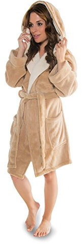CelinaTex XS-XXXL Bademantel Kapuze zweifarbig kurz aufgesetzte Taschen Damen Mikrofaser Kuschelfleece Oeko-TEX Miami