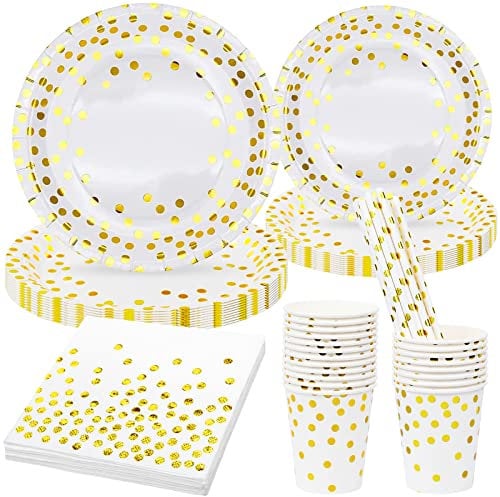 80 Stück Weiß und Gold Partygeschirr, 20 GäSte Einweggeschirr Set Papiergeschirr Servietten Papierbecher Pappteller Party Einweggeschirr mit Golden Dot für Geburtstag Hochzeit Brautdusche Weihnachten