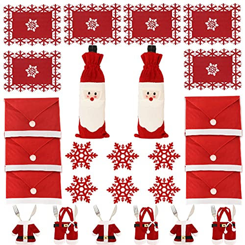 Whaline 26Pcs Christmas Dinner Table Decoration Set Santa Claus Silverware Cutlery Holder Snowflake Table Mat Cup Mat Wine Bottle Cover Bag Chair Back Covers for Xmas Home Party Decoration