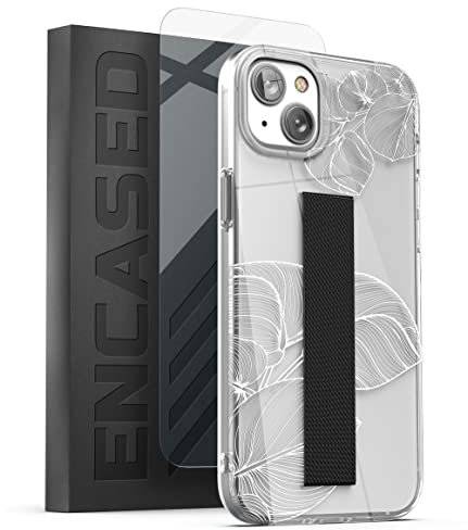 Encased Finger Loop Coque pour iPhone 14 avec dragonne et Film Protecteur d'écran (Feuille de Dentelle Transparente/Blanche)