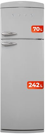 EVVO Frigorífico combi 2 puertas Retro, Diseño Vintage, Less Frost, Capacidad Frigorífico 242L y Congelador 70L, Libre de Gas CFC, Refrigeración Turbo Fan, Crisper Zone (F50 Retro Color Gris)
