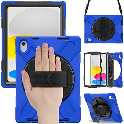 Rugged Schutzhülle für iPad-10. Generation-10,9''-2022 Fall mit Ständer, Strapazierfähige Stoßfeste Hybrid Armor Hülle mit 360° drehbarem Klettverschluss-Griff, Schultergurt A2757 A2777 A2696 (Blau)