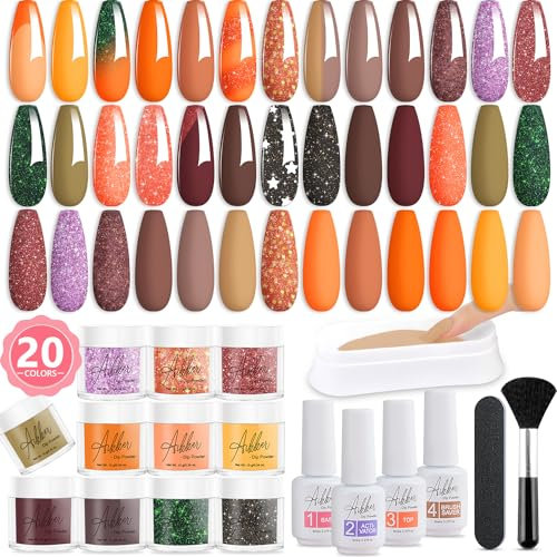Aikker 27 Pcs Dip Powder Nail Kit 20 Colours Orange Purple Coffee Green Glitter Shine Dipping Powder Starter Set with Base Top Coat Activator Dip Recycling Box Manicure DIY AK40
