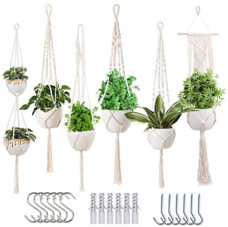 Puooifrty Macetas colgantes de macramé para plantas de interior, Cubremacetas, paquete de 6 soportes colgantes para interiores