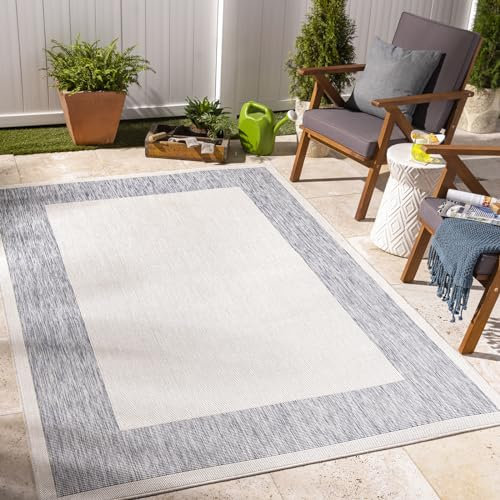 Livabliss Zante Outdoor wetterfest - In und Outdoor für Balkon 200x275 cm, Terrasse, Garten, Küche - e Boho Style für draußen - Creme und Dunkelblau
