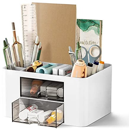 Schreibtisch Organizer, Tisch Organizer mit 2 Schubladen, Kinder Desk Organizer mit 4 Fächer Stifthalter Organizer, Multifunktionaler Schreibtisch Organizer für Büro Zuhause Schule, Weiß