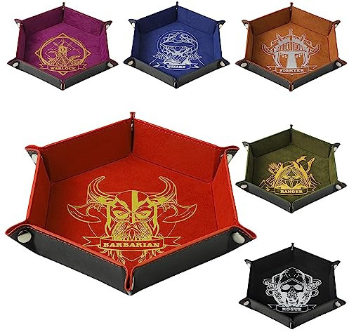 Grajar DND-Würfeltablett mit Charaktermuster für RPG D&D Tischspiele – Faltbare Aufbewahrungsbox aus PU-Leder und Samt, 6 Stück