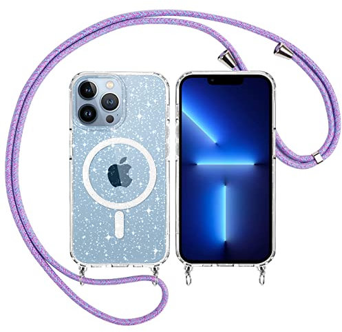 Yoedge Transparente Funda Glitter Magnética con Cuerda para iPhone 13 Pro 6,1, Brillante Carcasa Compatible con MagSafe con Círculo Magnético Correa Colgante Cover Case para iPhone13 Pro, Morado