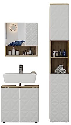 Vicco Badmöbel-Set Edge, Badezimmerschrank-Set, Weiß/Eiche, 3 Teile, mit Hochschrank