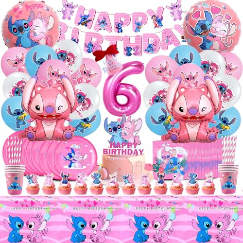 104 Pcs Stitc Decoracion Cumpleaños, Stitc Globos Cumpleaños 6 Años, Stitc Globo Helio 6, Platos y Vasos Fiesta Stitc, Decoracion Tarta, Servilletas, Stitc Fiesta Infantil Vajilla Kit