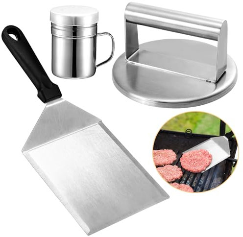 GWHOLE Pressa Hamburger, Pressa per Hamburger in Acciaio Inossidabile Hamburger Attrezzo in Acciaio Inox 304, con Spatola in Acciaio Inox, Barattolo per Condimenti, per Bistecche, Panini, Barbecue