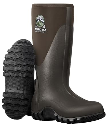 TerraTrax Men's Waterproof Rubber Muck Boots Brown 10