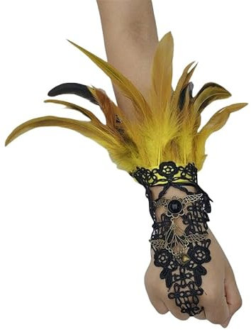 DyLyz Gothic Fingerlose Handschuhe mit gelben Federn ausgehöhlte Manschette Florale Häkelkette Fingerhandschuhe Punk Schnürmanschetten für Halloween Cosplay Maskerade Party