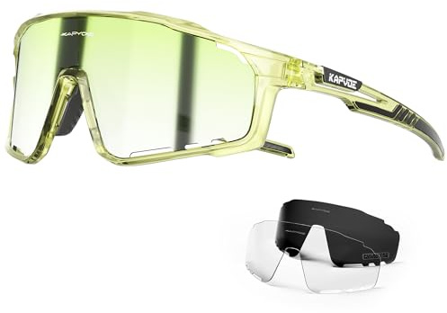 KAPVOE Fahrradbrille 3 Wechselgläser Herren Damen K76 | 3 Gläser: PC Tag, Schwarz polarisiert, Klar wenig Licht; UV400, 3-stufiges Nasenpad