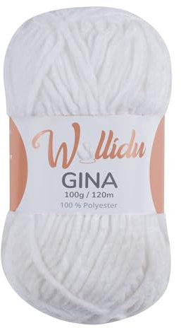 Wollidu Gina Chenille Garn zum Stricken und Häkeln 1 x 100g/120m Set 100% Polyester - Weiß