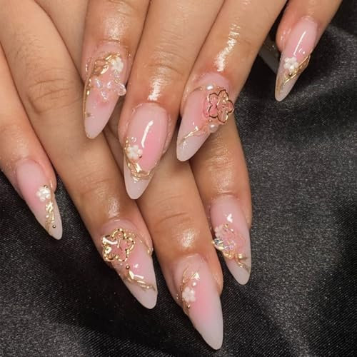 SXVME Ombre Pink 3D Press on Nails Medium Short Almond, Flora Spring Fake Nails with Designs, Almond Glue on nails with Diamond, Thick Cute Stiletto Medium Short Nails for Women and Girls, 24 Pcs