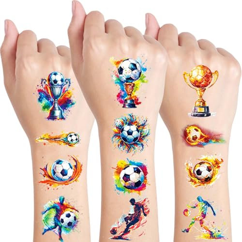 Qpout 10 Blatt Fußball temporäre Tattoos für Kinder, gefälschte Tattoos & Fußball Aufkleber für Jungen und Mädchen, Glitzer Tattoo für Fußball Party