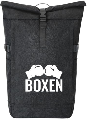 Huuraa Kurierrucksack Boxen Boxhandschuhe Geschenk | 30-44 Liter Backpack Black Melange Fairtrade Rolltop Rucksack Geschenkidee Schwarzer Laptop-Rucksack passend für 17-Zoll