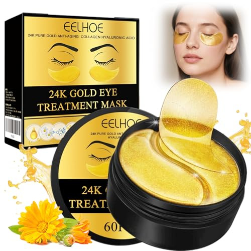 60 Pièces Patch Yeux Or 24k, Masque Hydratant pour Les Yeux, Réduit les Cernes, Poches, Pattes d'Oie et Rides, Masque Yeux pour hydrater, soulager la fatigue et la peau tendue