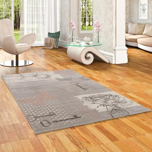 Pergamon Designer Teppich Sevilla Klassik Grau Rosa Schmetterling in 5 Größen