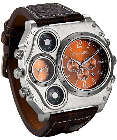 JewelryWe Herrenuhr Zwei Zeitzone Kompass Thermometer Kalender Analog Quarz Armbanduhr Braun Leder Armband Sportuhr mit Braun Zifferblatt