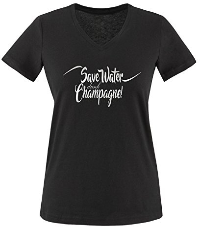 Comedy Shirts - Save Water Drink Champagne! - Damen V-Neck T-Shirt - Schwarz/Silber Gr. S