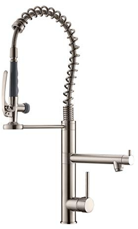 Grifo de cocina comercial con pulverizador de tirar hacia abajo – moderno grifo de fregadero de cocina con un solo mango de arco alto, con muelle de resorte, níquel cepillado