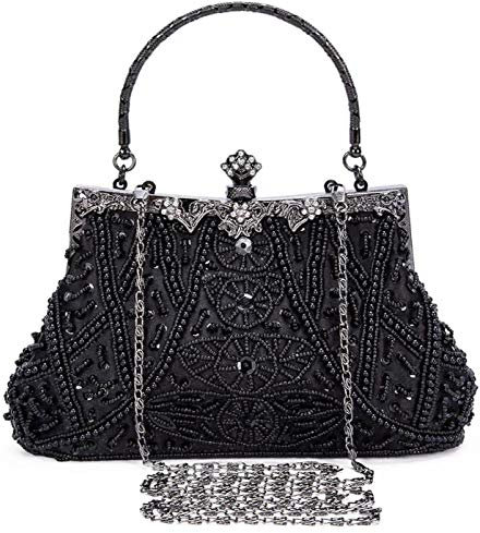Selighting Abendtaschen Damen Vintage Clutch Tasche mit Perlen Elegant Handtasche Umhängetasche für Party Hochzeit Bankett (Schwarz)