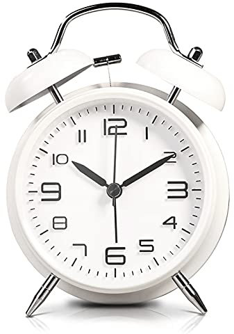LATEC Reloj Despertador de Doble Campana con luz Nocturna, Gran Esfera de 4 Pulgadas, Batería de Reloj Despertador Ruidoso, sin Tictac, Silencioso, Timbre de Alarma Retro, Unidad de Cuarzo (Blanco)