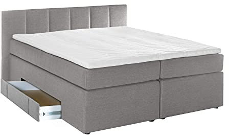 Furniture for Friends Doluna Boxspringbett Valina 200x200cm Hellgrau H3 Kopfteilhöhe 90 cm ideal für Dachschrägen + Bettkasten für Stauraum, 7-Zonen Taschenfederkern-Matratze inkl. Visko-Topper