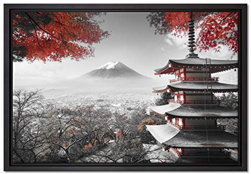Pixxprint Japanischer Tempel im Herbst Leinwandbild 60x40 cm im Bilderahmen, Wandbild, Schattenfugenrahmen, Kein Poster