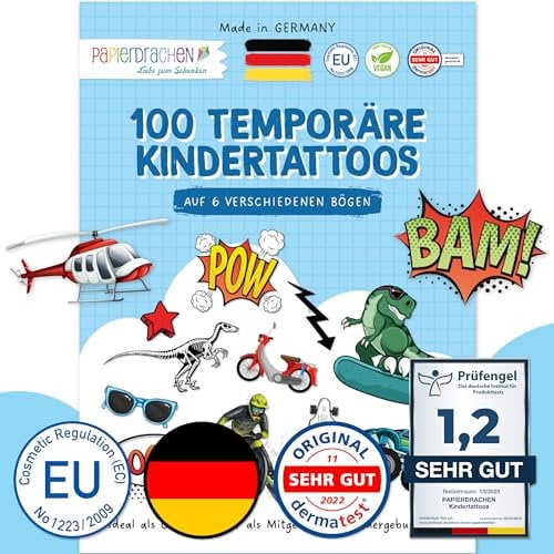 Papierdrachen 100 besonders hautfreundliche Tattoos zum Aufkleben - Kindertattoos mit coolen Designs - als Geburtstagsmitgebsel oder Geschenkidee - vegan & geprüft