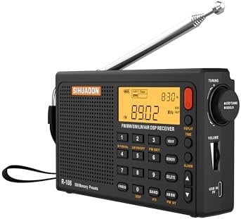SIHUADON R-108 Kleines Tragbare Radios Wiederaufladbares Batterieradio UKW FM AM SW Airband Radio weltempfänger digitalradio mit ATS-Stationsspeicher Sleep-Funktion (Schwarz)