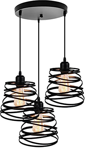 iDEGU 3 Hängelampen, kreativ, industriell, Deckenleuchte, Spirale, Wasserfall, E27, Deckenleuchte, Vintage, Pendelleuchte für Schlafzimmer, Wohnzimmer, Küche (20 cm, Schwarz, Kreis)