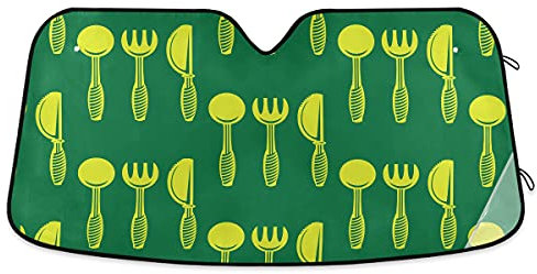 Pare-soleil de voiture pliable pour pare-brise de voiture, fourchette, cuillère, couteau - Fond vert - 139,7 x 70,1 cm