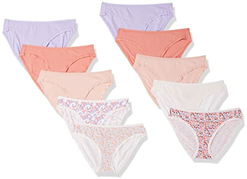 Amazon Essentials Bas de bikini en coton (grandes tailles disponibles) Femme, Lot de 10, À Carreaux/Jaune Floral/Fleuri/Multicolore, 42