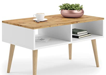 KOBI Table Basse Style scandinave SANDI 90x50x55 Pieds Bois (Blanc - chêne doré)
