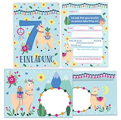 Junapack 12 Einladungskarten incl. 12 Umschläge zum 7. Kindergeburtstag Einladung zum siebten Geburtstag Mädchen Lama