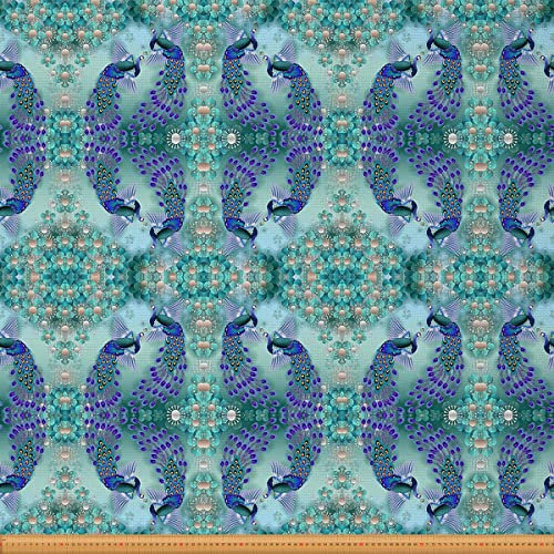 Pfauenstoff Meterware Böhmischer Dekostoff Exotische Vögel Tiere Möbelstoff Boho Feder Frischer Natürlicher Stoff für Drinnen und Draußen Polster und Wohnakzente Blaugrün 92 x 150 (HxB)