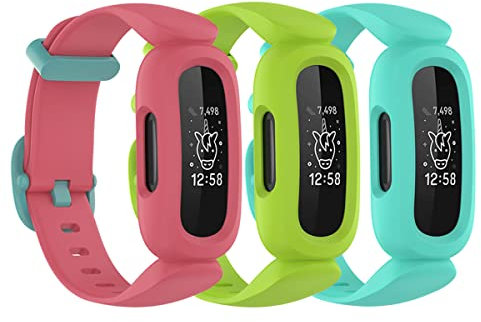 honecumi Kompatibel mit Fitbit Ace 3 Kids Armband, Ace 3 Ersatzarmband Watch Band Strap Wechselbänder für Kinder, Klassisch Buntes Verstellbares Sport Armband Uhrenarmband Zubehör,Rot/Grün/Cyan