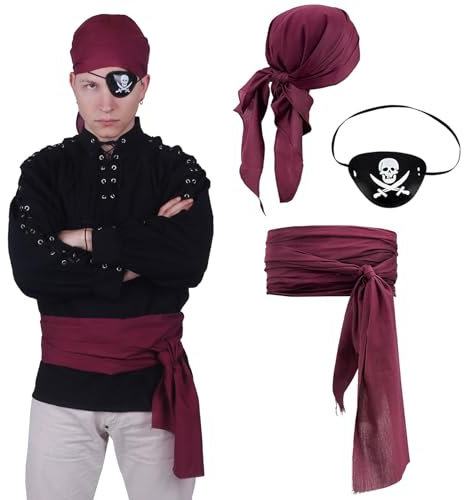 CoolChange Piraten Kostüm Set | mit Kopftuch, Piratenschärpe & Augenklapee | Freibeuter Verkleidung | Weinrot