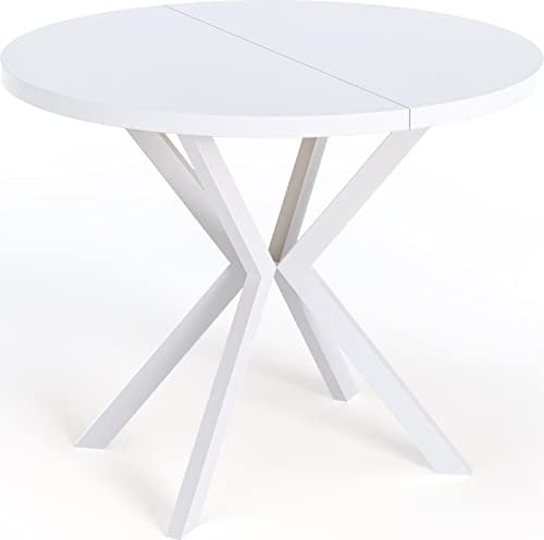 WFL GROUP Runder Ausziehbarer Esstisch für 8-12 Personen - Loft Style Tisch mit Weißen Metallbeinen - 120 bis 200 cm - Industrieller Tisch für Wohnzimmer - Spacesaver - Weiß - 120 cm