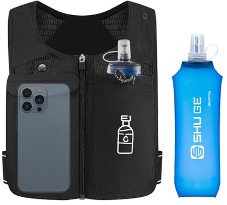 HMAKGG Laufweste mit Trinkflasche, Laufweste für Damen Herren, Soft Flask 470ml BPA-frei, Verstellbare Brustgurte, 156g Ultraleicht Trinkweste Laufen, Running Vest, Trinkrucksack Laufen, Schwarz
