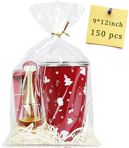 Labeol Lot de 150 sacs en cellophane transparents de 22,9 x 30,5 cm avec attaches pour cadeaux, bonbons, biscuits, emballages cadeaux de fête en plastique