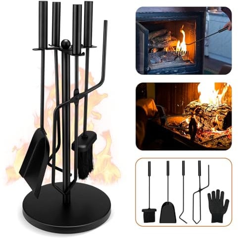 highsam Utensilios Chimenea, 5 piezas Accesorios Chimeneas de Leña, Herramientas Chimenea con Pinzas, Pala, Escoba, Gancho, Soporte, Negro Moderno